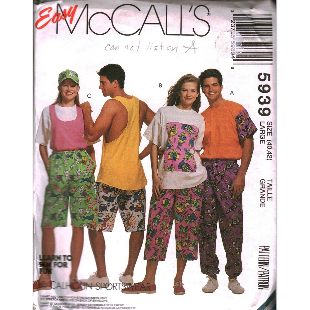 Vintage McCall's 5939 Sewing Pattern 1992 Calhoun Sportswear Unisex Large 40-42